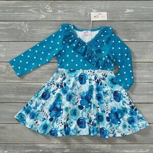 Teal Blossoms Long Sleeve Dress